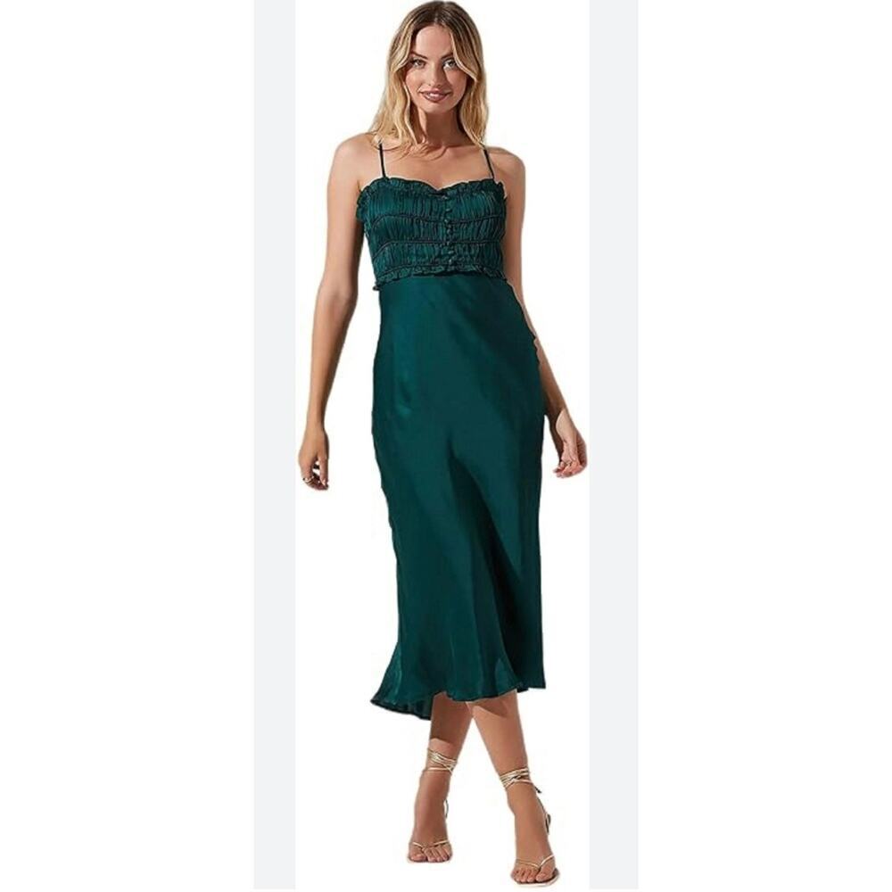 ASTR the Label Zola Smocked bodice slip Midi satin Dress Green XS holiday party